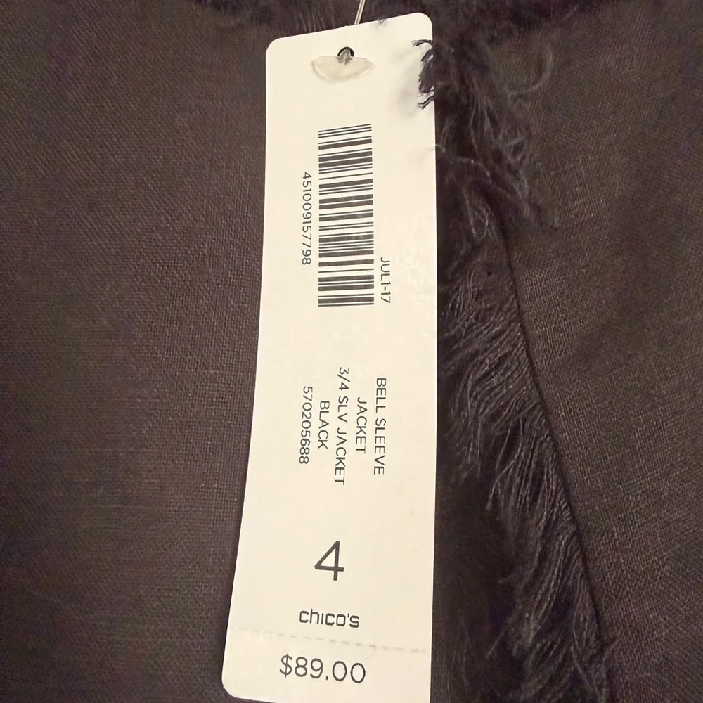 Chico's Linen Black Fringe Trim Bell-Sleeve Jacket - Picture 3 of 16